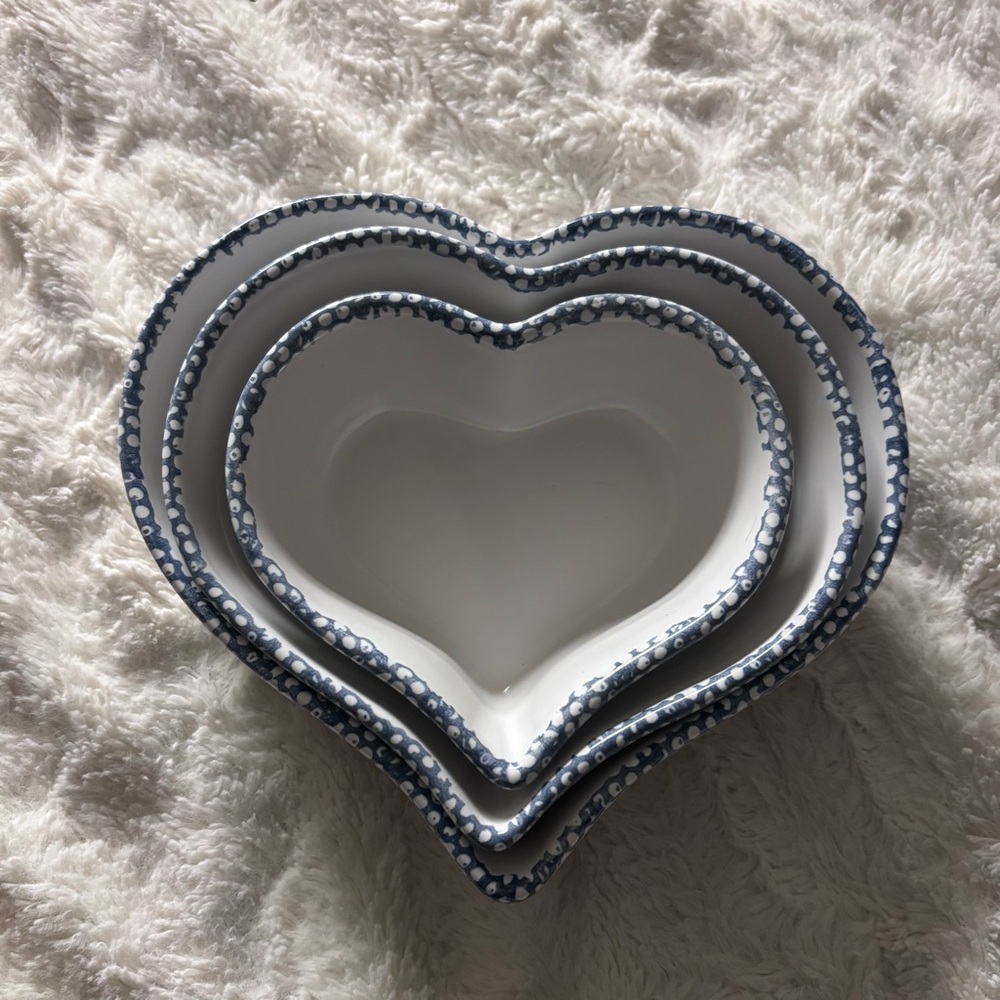 Blue and White heart shaped ceramic set of bowls, three count.